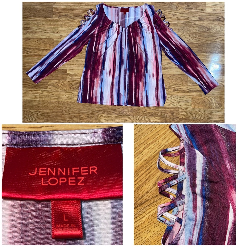 Jennifer Lopez Metallic Cold Shoulder Long Sleeve Blouse Women’s Size Large EUC